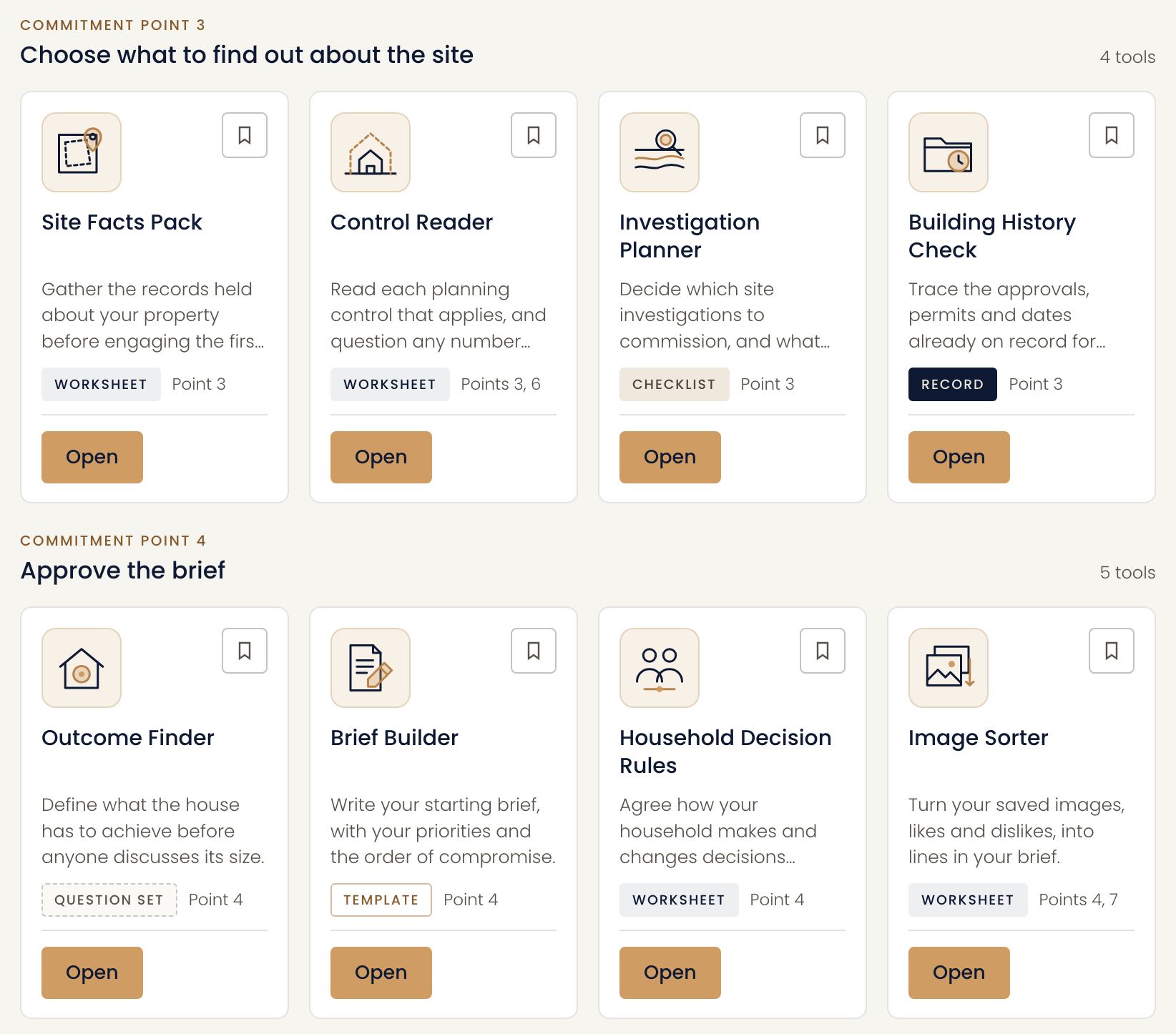 The Toolkits screen of the Project Assistant at Step 1, Start the right project: two commitment points, each with a full row of tool cards and their icons. Under Choose what to find out about the site, the Site Facts Pack, Control Reader, Investigation Planner and Building History Check; under Approve the brief, the Outcome Finder, Brief Builder, Household Decision Rules and Image Sorter.